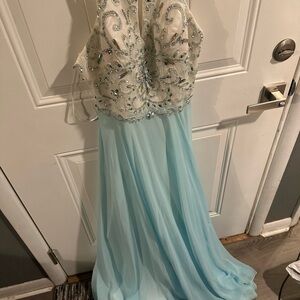 Elegant Beaded Gown in White and Light Blue